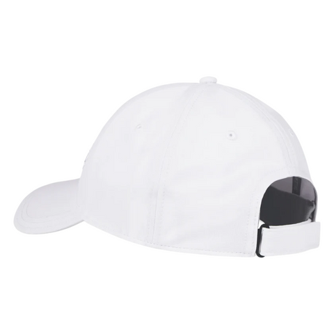 A plain white Titleist 2025 Players Performance Ball Marker Cap shown from the back, featuring a curved brim and an adjustable strap with a black buckle.