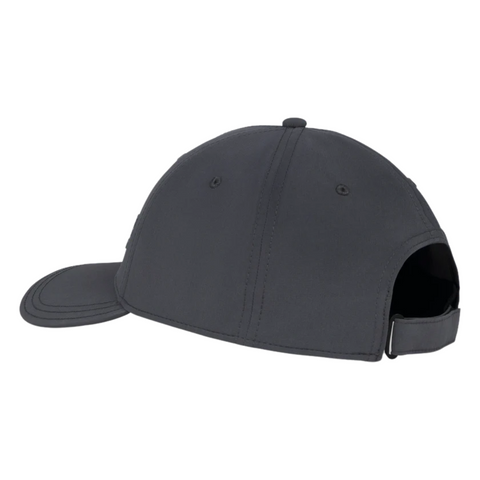 The Titleist 2025 Players Performance Ball Marker Cap, in dark gray, is shown from the back left side with ventilation eyelets, an adjustable strap, and a magnetic ball marker for golfers.