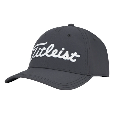 The Titleist 2025 Players Performance Ball Marker Cap is a dark gray golf cap with a curved brim, white Titleist embroidery on the front, and a built-in magnetic ball marker for style and convenience on the course.