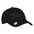 The Titleist 2025 Players Performance Ball Marker Cap is a black golf hat with a curved brim, raised black Titleist logo, small round sticker, and includes a convenient magnetic ball marker on the brim.