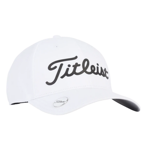 The Titleist 2025 Players Performance Ball Marker Cap is a white golf cap with a curved brim and bold black Titleist script on the front, plus a small metallic logo sticker on the brim.