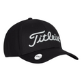 The Titleist 2025 Players Performance Ball Marker Cap is a black cap with Titleist in white script, a round sticker on the brim, and a handy magnetic ball marker for use on the golf course.