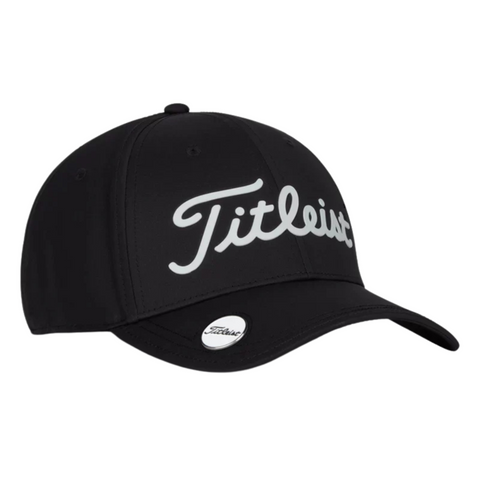 The Titleist 2025 Players Performance Ball Marker Cap is a black cap with Titleist in white script, a round sticker on the brim, and a handy magnetic ball marker for use on the golf course.