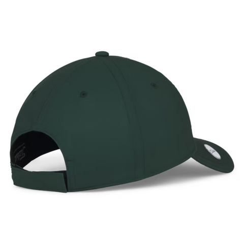 The Titleist 2025 Players Performance Ball Marker Cap in dark green is shown from back and side angles, with a curved brim, sticker, adjustable strap, and a magnetic ball marker.