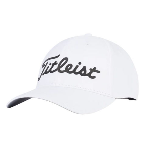 White Titleist Players Performance Ball Marker Cap with black script, a curved brim, structured crown, and magnetic ball marker.