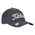 The Titleist 2025 Players Performance Ball Marker Cap features a dark gray design, white embroidered Titleist logo, a circular sticker on the bill, and a magnetic ball marker—ideal for any golf cap collection.
