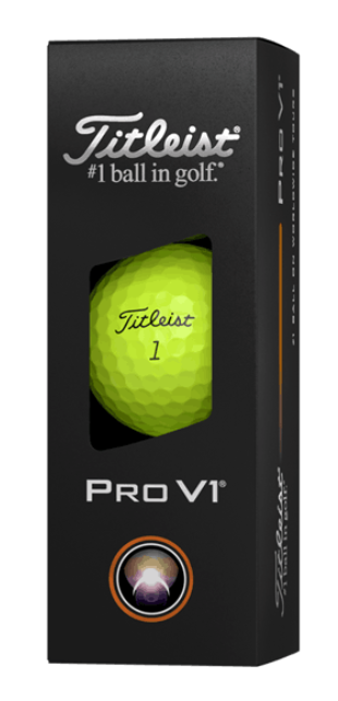 A black rectangular box of Titleist 2025 Pro V1 Golf Balls featuring a yellow ball in a clear window, with white branding and #1 ball in golf text, promises tour-proven premium performance.
