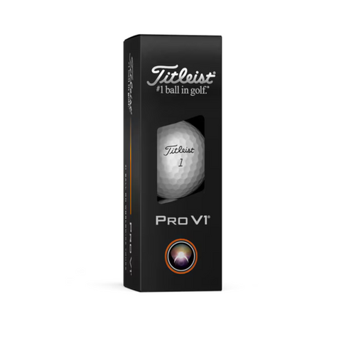 A black rectangular box of Titleist 2025 Pro V1 Golf Balls | High Numbers, featuring a window with one ball, “Titleist #1 ball in golf” label, Pro V1 and circular logo at the bottom, and Drop-and-Stop greenside spin.