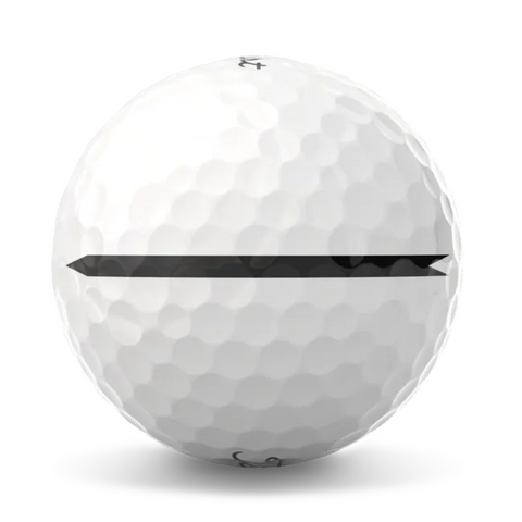 The image shows a Titleist 2025 Pro V1 Performance Alignment Golf Ball, featuring a black thick alignment line with a small arrow. Its dimpled surface highlights the premium quality and performance reputation of Titleist golf balls.
