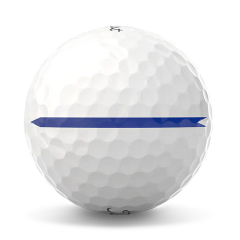 The Titleist 2025 Pro V1 Performance Alignment Golf Ball features a dimpled white surface and a bold, straight blue alignment line with arrow tips, printed horizontally across the center for precise putting.