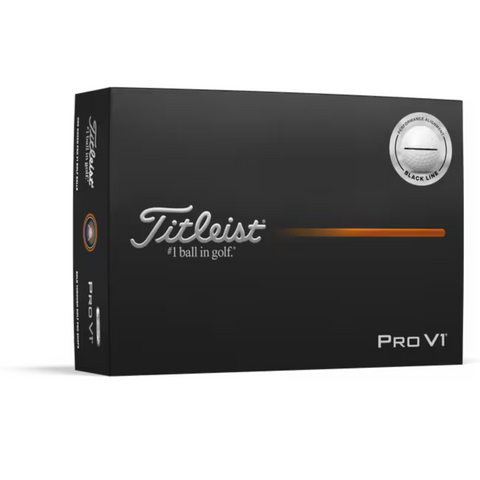 A black box of Titleist 2025 Pro V1 Performance Alignment Golf Balls displays the Titleist logo, silver and orange accents, and highlights the dimple pattern plus the new Pro V1 Performance Alignment feature for improved putting aim.