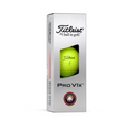 A silver box of Titleist 2025 Pro V1x Golf Balls features a clear window showing a yellow ball inside. The packaging displays the Titleist logo, Pro V1x branding, and promises explosive distance on every swing.