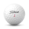A white Titleist 2025 Pro V1x golf ball with dimples, Titleist in black script, and a red number 1 is shown on a plain background—designed for explosive distance.