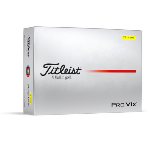 A box of Titleist 2025 Pro V1x Golf Balls, designed in white and silver with a red line and “#1 ball in golf” and “YELLOW” on the front—engineered by Titleist for explosive distance on every shot.