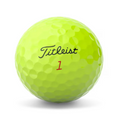 A yellow Titleist 2025 Pro V1x golf ball with a dimpled texture, featuring the black Titleist logo and red number 1, stands out against a white background and promises explosive distance.
