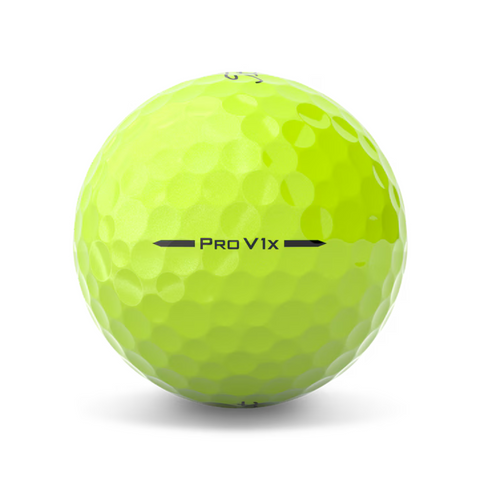 The Titleist 2025 Pro V1x Golf Ball is bright yellow with PRO V1x in black text across the center, designed for explosive distance, shown on a white background.