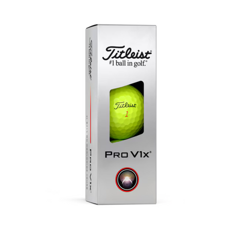 A silver box of Titleist 2025 Pro V1x Golf Balls features a clear window showing a yellow ball inside. The packaging displays the Titleist logo, Pro V1x branding, and promises explosive distance on every swing.