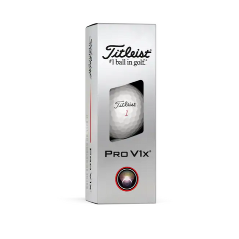 A rectangular silver box of Titleist 2025 Pro V1x Golf Balls | High Numbers, with one ball showing through a window. The box displays the Titleist logo and #1 ball in golf, promising explosive distance with every shot.
