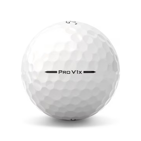A close-up of a Titleist 2025 Pro V1x Golf Ball with Pro V1x printed in black on its dimpled surface by Titleist, known for delivering explosive distance.