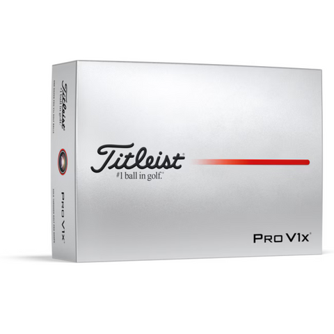 A silver box of Titleist 2025 Pro V1x Golf Balls features black and red text, the Titleist logo, and #1 ball in golf. The minimalist packaging has a red stripe and promises explosive distance on every shot.