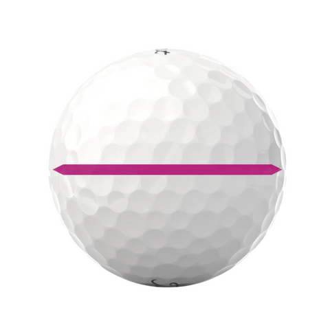 The Titleist 2025 Pro V1x Performance Alignment Golf Ball features a white finish, small dimples, and a bold pink alignment line across the center to help improve accuracy.