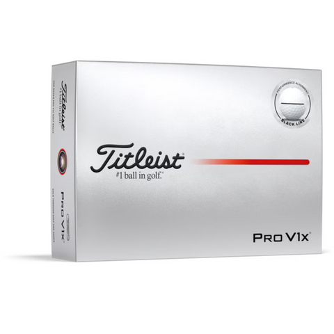 The Titleist 2025 Pro V1x Performance Alignment Golf Balls come in a white box with black and red text, the Titleist logo, #1 ball in golf, and a red line circling Performance Alignment as a tour-level alignment aid.
