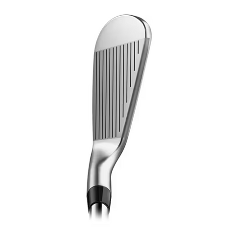 A close-up of the Titleist 2025 T-100 Mens Iron Set clubhead displays its metallic face with horizontal grooves and a shiny finish, photographed against a plain white background.