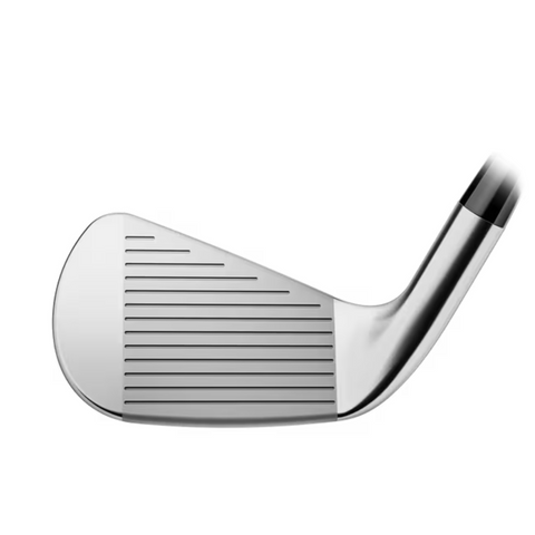 Close-up of a Titleist 2025 T-100 Mens Iron Set silver club head with horizontal grooves, photographed on a white background.