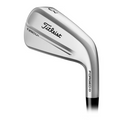 A close-up of the Titleist 2025 4G T200•U Driving Iron, highlighting Max Impact Technology and a sleek metallic silver head with Titleist branding and model etched on the side, set against a plain white background.
