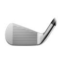 Close-up of a silver Titleist 2025 4G T200•U Driving Iron club head, showcasing its grooved face and Max Impact Technology against a white backdrop.