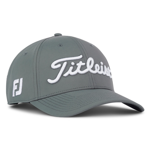 The Titleist 2025 Tour Performance Cap is a gray golf hat with a curved brim, featuring white Titleist embroidery on the front and an FJ logo on the side—a stylish choice for any golfer.