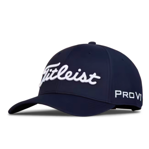 The Titleist 2025 Tour Performance Cap in navy features white Titleist embroidery on the front and Pro V1 on the side, combining classic style with performance for any golfer.