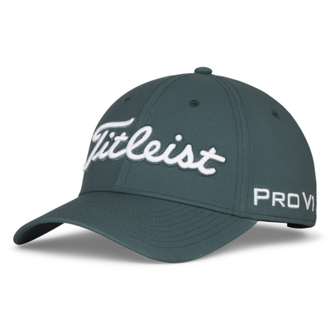 The Titleist 2025 Tour Performance Cap, in dark green, features “Titleist” embroidered on the front and “Pro V1” on the side. This must-have golf hat offers a curved brim and ventilation eyelets for comfort.