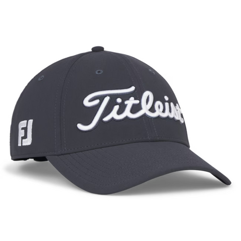 The Titleist 2025 Tour Performance Cap is a dark gray golf hat featuring white Titleist script on the front and an FJ logo on the side, shown at an angle.