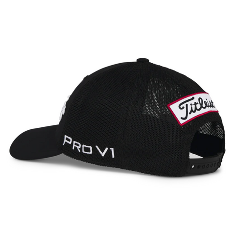 Side of the Black Titleist Mesh cap in black with white writing 