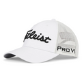 Titleist White Mesh Cap showing the Black Titleist Logo on the front and Pro V1 writing on the side 