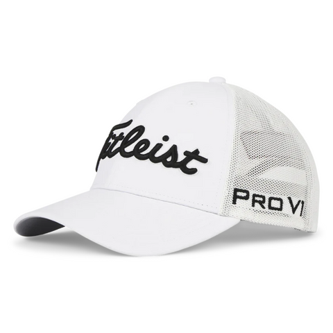 Titleist White Mesh Cap showing the Black Titleist Logo on the front and Pro V1 writing on the side 