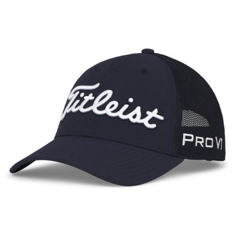 The Black Titleist Mesh Cap front with white Titleist script on the front and Pro V1 on the side 