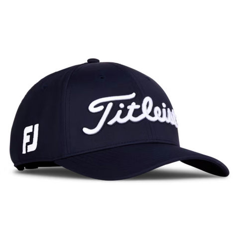 The Titleist 2025 Tour PerformanceCap is a navy blue golfer’s essential, featuring bold white Titleist script on the front and a white FJ logo on the left side—ideal for dedicated players seeking performance.
