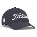 The Titleist 2025 Tour Performance Cap is a dark gray golf hat featuring white Titleist script on the front and an FJ logo on the side, shown at an angle.