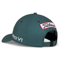 The Titleist 2025 Tour Performance Cap in teal is shown from the back, featuring a white and red Titleist patch above the opening, PRO V1 embroidered on the side, and an adjustable strap for fit.