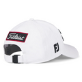 The Titleist 2025 Tour Performance Cap in white is shown from the back, with a black adjustable strap, Titleist logo patch with red border, and black FJ side logo—a premium performance golf hat by Titleist.