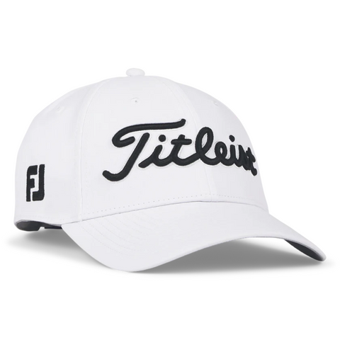 The Titleist 2025 Tour Performance Cap features bold black Titleist script on the front and an FJ logo on the side—a stylish, comfortable choice for golfers.