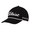 The Titleist 2025 Tour Rope Cap is a black golf hat with white “Titleist” embroidery on the front, “Pro V1” on the side, and a white trim above the brim—modern style meets classic retro design.