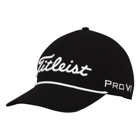 The Titleist 2025 Tour Rope Cap is a black golf hat with white “Titleist” embroidery on the front, “Pro V1” on the side, and a white trim above the brim—modern style meets classic retro design.