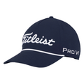 The Titleist 2025 Tour Rope Cap is a retro navy golf hat featuring white Titleist embroidery on the front, Pro V1 stitched on the side, and a sharp white trim above the visor—a classic accessory for any golf enthusiast.