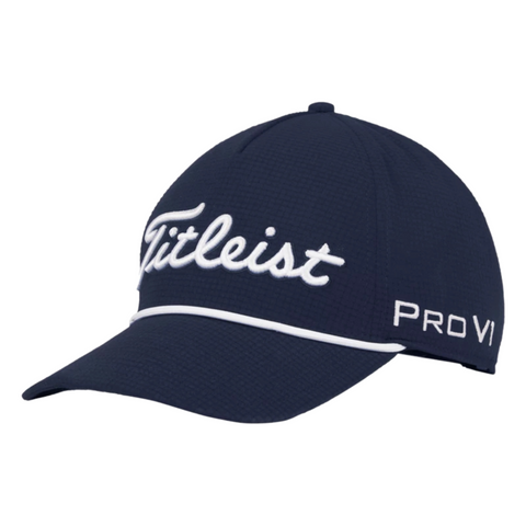 The Titleist 2025 Tour Rope Cap is a retro navy golf hat featuring white Titleist embroidery on the front, Pro V1 stitched on the side, and a sharp white trim above the visor—a classic accessory for any golf enthusiast.