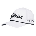 The Titleist 2025 Tour Rope Cap is a retro white golf cap with Titleist embroidered in black, Pro V1 on the side, a curved brim, and a black accent line—ideal for any golf hat collection.