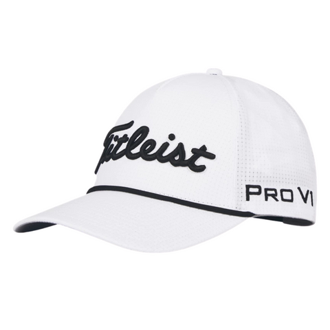 The Titleist 2025 Tour Rope Cap is a retro white golf cap with Titleist embroidered in black, Pro V1 on the side, a curved brim, and a black accent line—ideal for any golf hat collection.