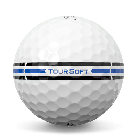A white Titleist 2025 Tour Soft Aim 360° golf ball with a black and blue alignment stripe around the center and TOUR SOFT printed in blue and black letters on the stripe.